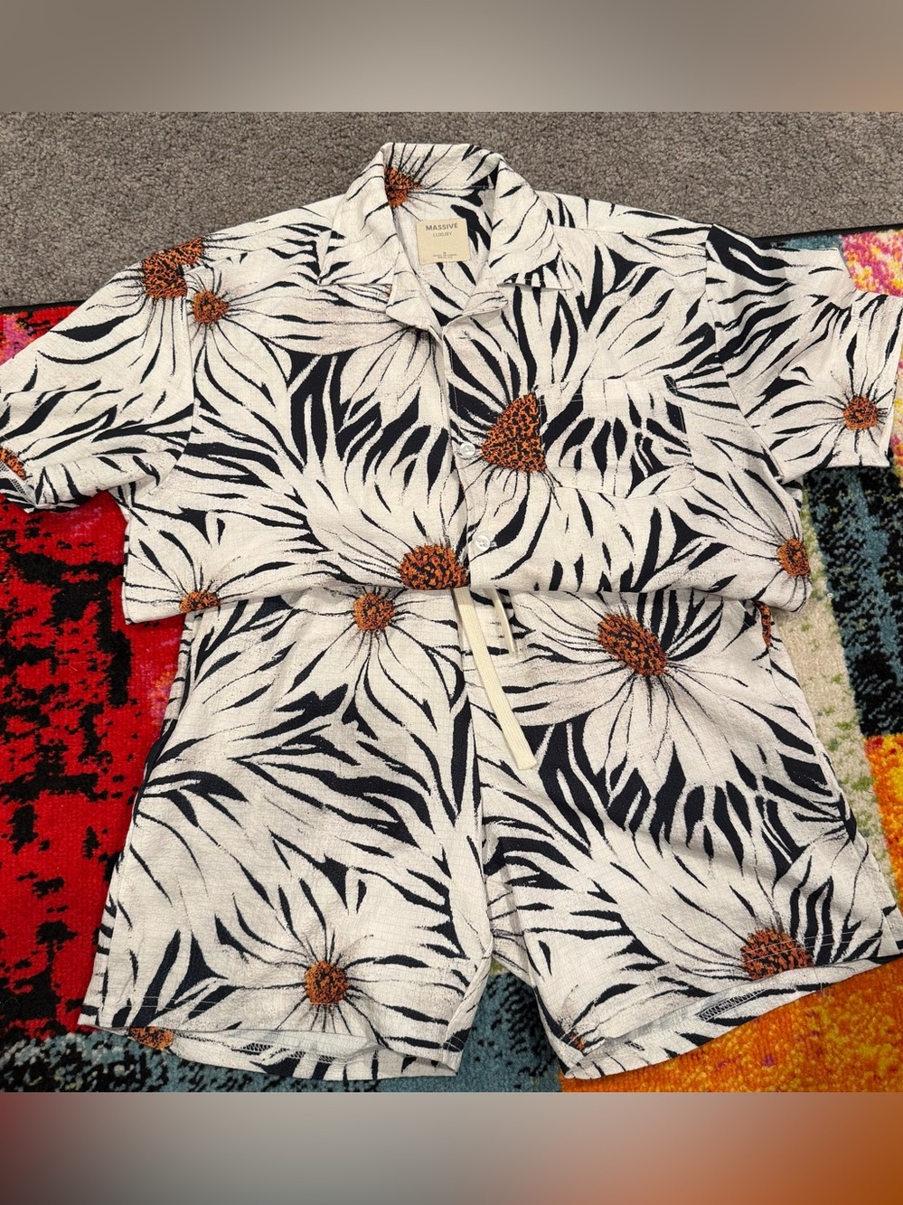 Floral Two-Piece Set - White & Black with Brown Centers